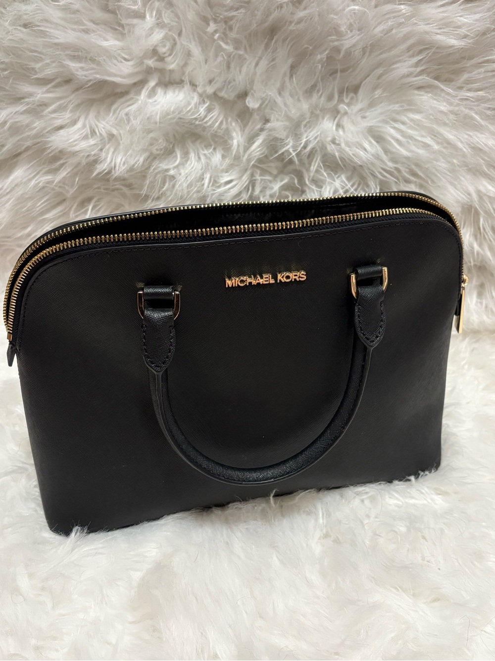 Michael Kors Black Leather Double-Zip Satchel with Gold Hardware